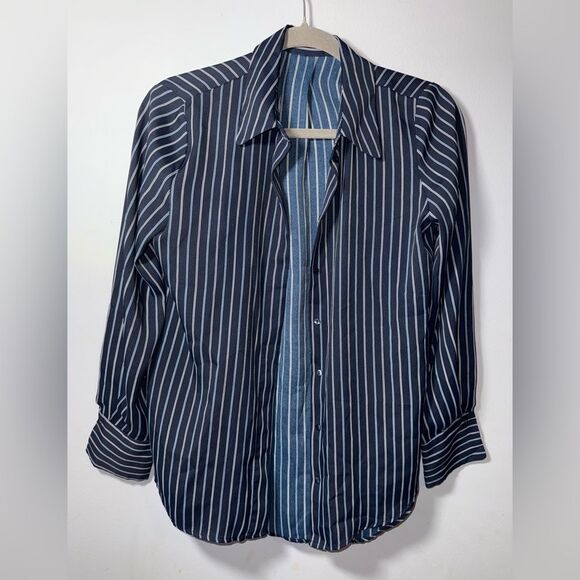 Mango Striped Button Down Navy & White Top Size 2 EUC career - Picture 1 of 6